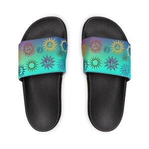 Bohemian Sun Design Sandals, Comfortable Slip-On Footwear for Summer, Beachwear, Vacation Footwear, Vibrant Summer Sandals, Gift for Her