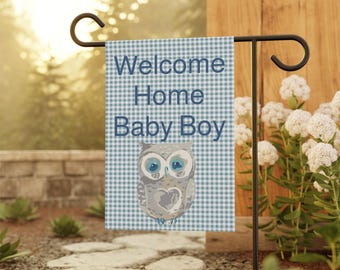 Welcome Home Baby Boy Garden Flag | Owl Checkered House Banner