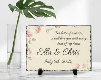 Romantic Floral Vows Slate Desk Plaque | Personalized Wedding Date, Wedding Gift