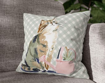 Watercolor Cat with Watering Can Pillowcase | Square Throw Pillow
