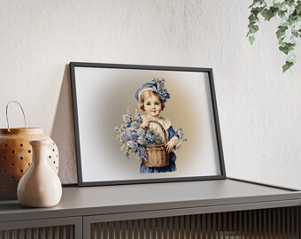 Little Girl Poster with Wooden Frame Delft Art Hanging Frame Home Decor Gift for Mom Gift for Her Wooden Framed Art Wall Decor Delft Art