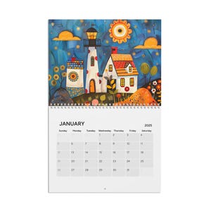 2025 Folk Art Light Houses Wall Calendar , Hanging Folk Art 2025 Calendar, 2025 Wall Calendar