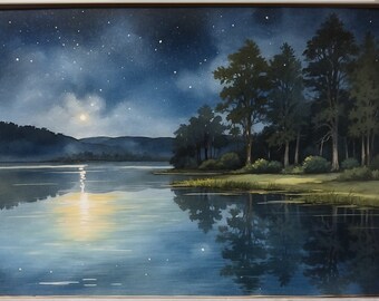 Night on the Lake digital watercolor painting. Stary night, dreamy, wooded lake painting. Size: 1736 x 1296