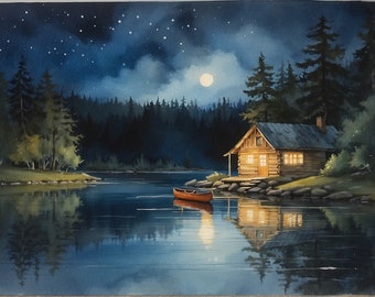 Digital Watercolor print of a Cabin on the Lake at Night