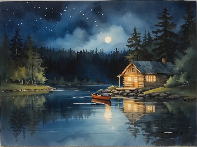 Digital Watercolor Print of a Cabin on the Lake at Night - Etsy