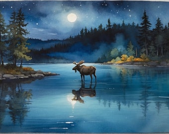 Moose on the Lake at Night digital watercolor print. Size: 1736 x 1296