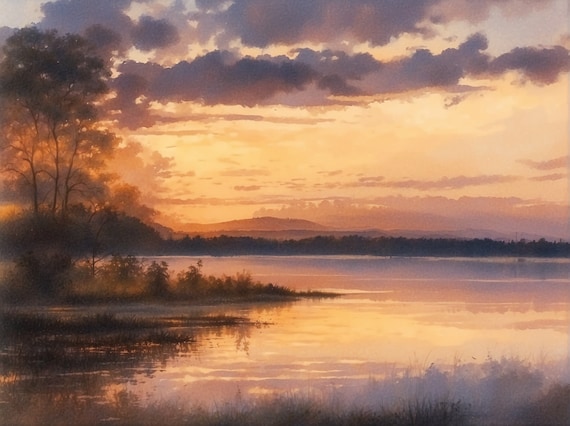 Sunset on the Lake digital watercolor print