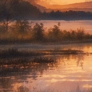 May include: A painting of a lake at sunset with a forested shoreline. The water is calm and reflects the orange and pink hues of the sky. The trees are silhouetted against the sky.