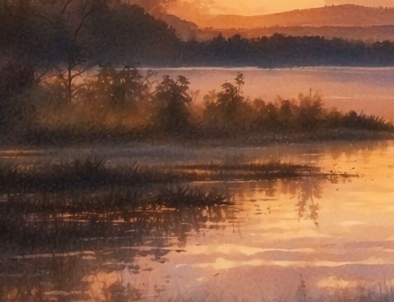 May include: A painting of a lake at sunset with a forested shoreline. The water is calm and reflects the orange and pink hues of the sky. The trees are silhouetted against the sky.