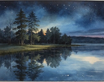 Night on the Lake digital watercolor print. A painting of a dreamy, stary night on a wooded lake. Size: 1736 x 1296