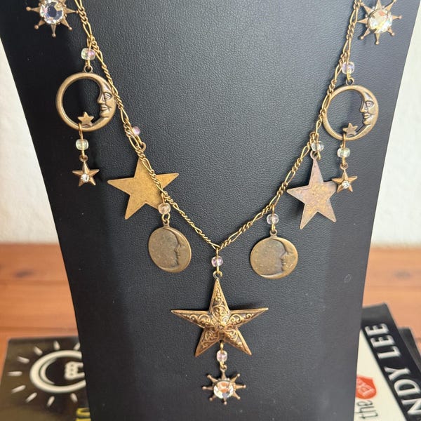 Vintage Art Deco Style Glassworks Studio Celestial Moon and Stars Charm Necklace