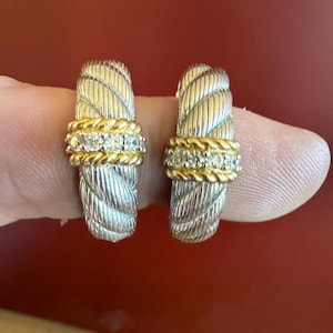 Judith Ripka Sterling Silver and 18K Gold Cable Hoop Earrings with CZ Accents