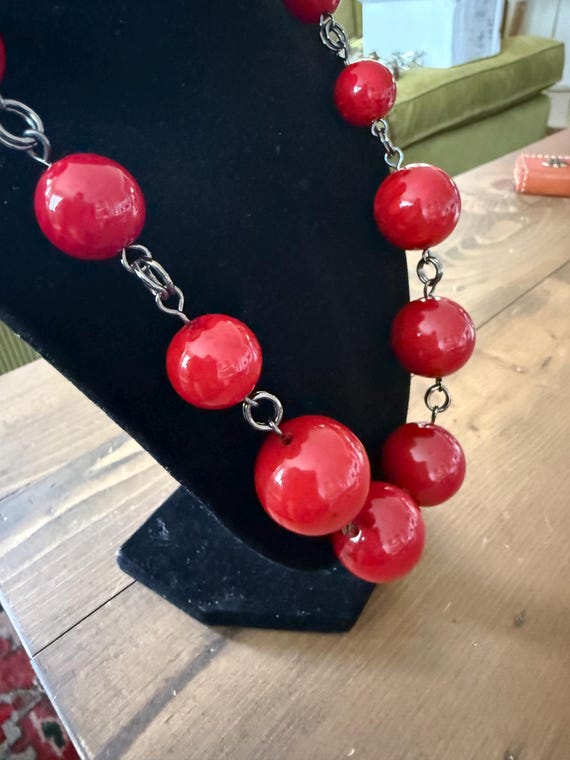 Chunky Acrylic Cherry Red Statement Necklace Adju… - image 2