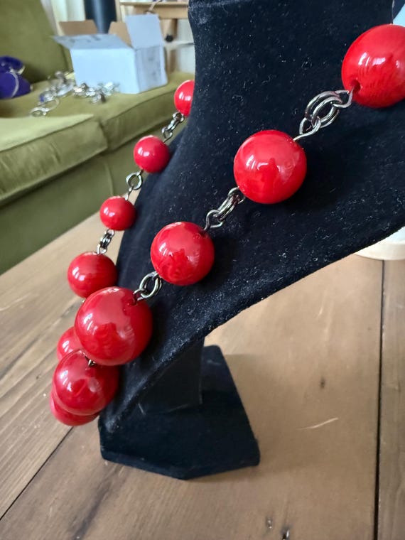 Chunky Acrylic Cherry Red Statement Necklace Adju… - image 4