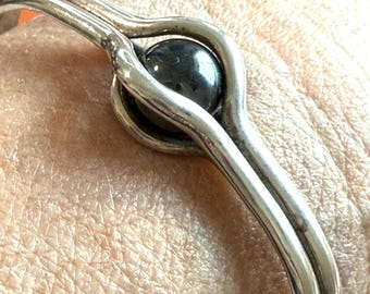 Vintage Sharon Johnston Sterling Silver Modernist Hematite Cuff Bracelet