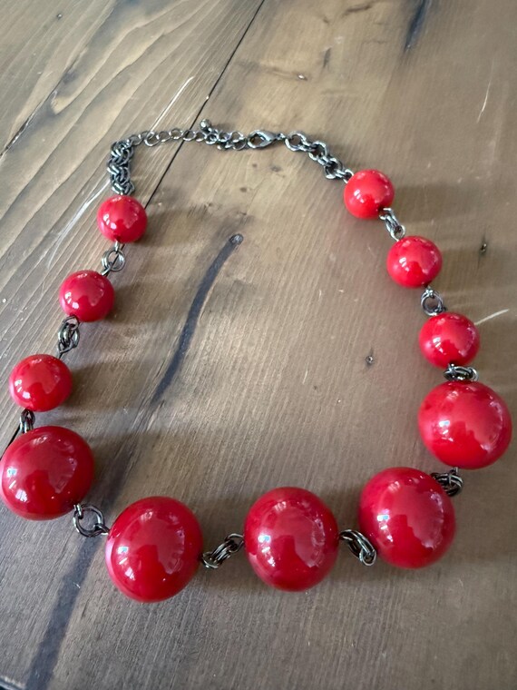 Chunky Acrylic Cherry Red Statement Necklace Adju… - image 5