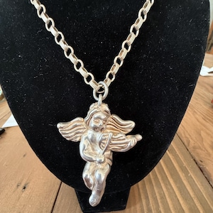 Vintage Sterling Silver Angel Pendant Necklace, Large 925 FJD Signed Cherub, 45g Heavy Chain