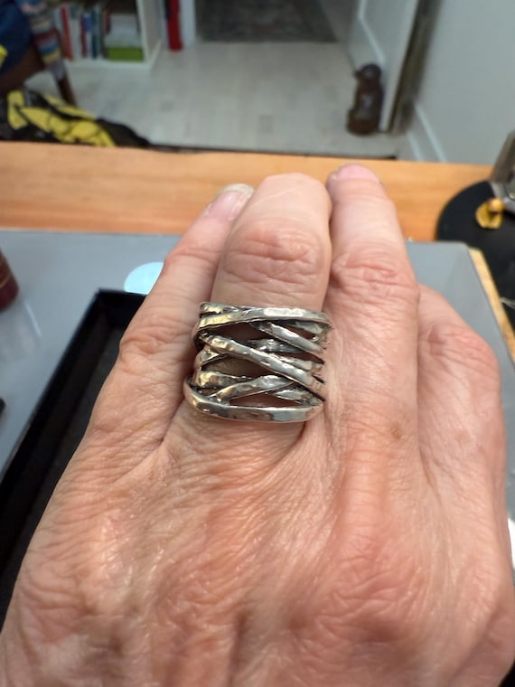 Chunky Silver Textured Wrap Ring-Brutalist Design… - image 4