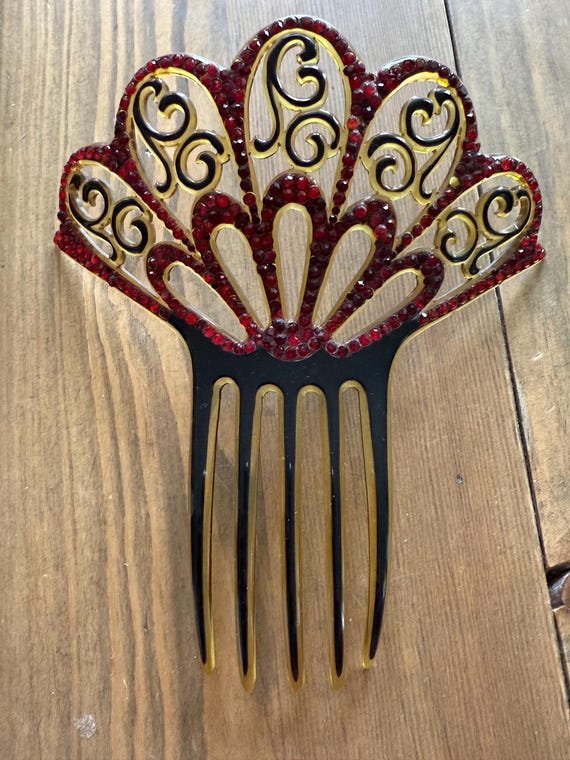 Vintage Spanish Hair Comb Red Celluloid open work fan shaped with rhinestones Vintage hair comb mantilla - Gem main image 4