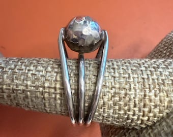 Modernist size 7 Sculptural Sterling Silver Hammered Sphere Ring, Adjustable