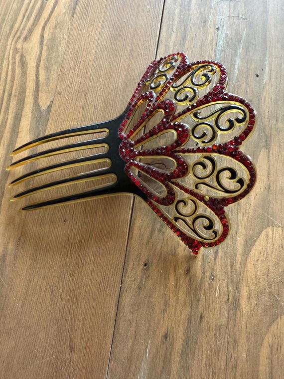 Vintage Spanish Hair Comb Red Celluloid open work fan shaped with rhinestones Vintage hair comb mantilla - Gem main image 3