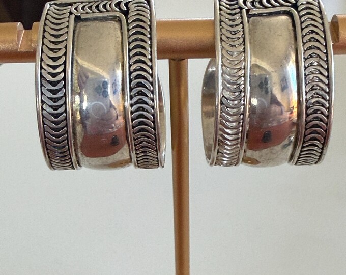 Vintage Mexican Sterling Silver 985 Wide Hoop Earrings, Rope Edge Cuff ...