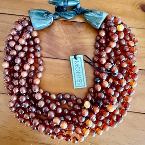 Gerda Lynggaard Monies Vintage Multi-Strand Beaded Necklace with Horn Clasp 1980s Original Tag