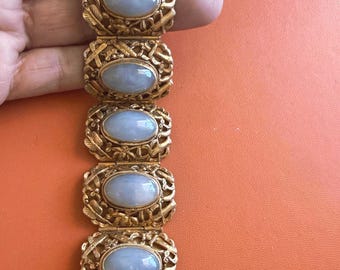 Antique Art Nouveau Chinese Export Gilt Sterling Filigree Bracelet with Lavender Jade