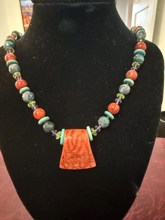 Boho Gemstone Statement Necklace: Fossil Coral, T… - image 1