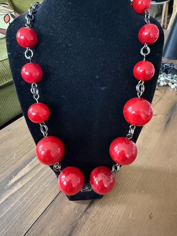 Chunky Acrylic Cherry Red Statement Necklace Adju… - image 1
