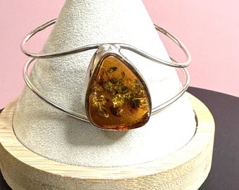 Natural Baltic Amber, Fossil Large Insect Inclusion Sterling Silver and Amber Cuff