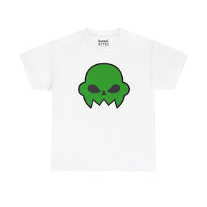 May include: White t-shirt with a green skull design and black outlines. The skull has a jagged jawline and eye sockets. The brand name "bunni BYTEZ" is printed at the top of the shirt.