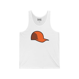 May include: White vest top with a cartoon baseball cap design in orange and brown. The text "bunni bytez" is printed on the upper back of the vest top.