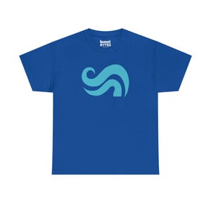 May include: Royal blue t-shirt featuring a light blue and teal graphic design. The design is a stylized, curved shape. The text "bunni bytes" is printed on the upper centre of the shirt.