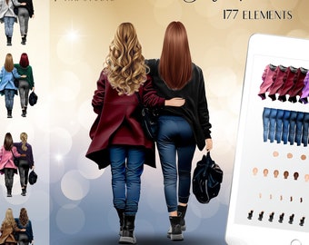 Best friends clipart | Digital clipart of friends in autumn clothes | DIY & print-on-demand projects | High-resolution PNG file
