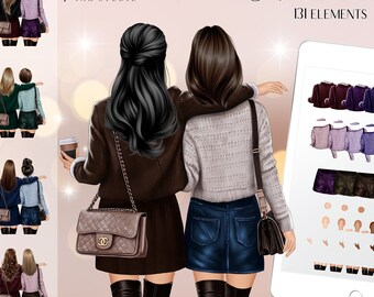 Best Friend Clipart ⎪Fashion Girl Clipart⎪Fashion Illustration⎪Digital Download⎪Custom Bff⎪Personalized friends clip art⎪soul sister clipart