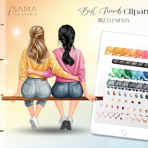 Può includere: Illustrazione digitale di due amiche sedute su una panchina di legno, a braccetto. Una indossa un maglione giallo, l'altra un maglione rosa, entrambe con jeans blu. L'immagine include un tablet che mostra elementi di clipart e il testo "Best Friends Clipart, 182 Elements."