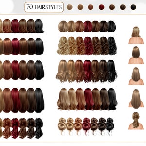 May include: A digital illustration of 70 different hairstyles for women. The hairstyles are shown in various colors, including blonde, brown, red, and black. The hairstyles are arranged in rows and columns, and each hairstyle is shown from the back.
