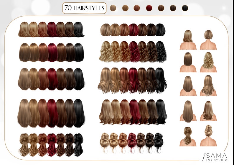 May include: A digital illustration of 70 different hairstyles for women. The hairstyles are shown in various colors, including blonde, brown, red, and black. The hairstyles are arranged in rows and columns, and each hairstyle is shown from the back.