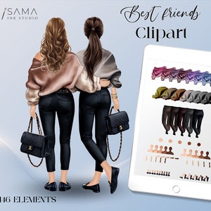 Beste Freundin Clipart, Fashion Girls, Schwester Bild, Sofort Download, Digitale Datei, PNG, Freundinnen Bild, Print on demand
