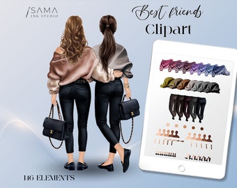 Best Friend Clipart, Fashion Girls, Sister Image, Instant Download, Digital File, PNG, Girlfriends Image, Print on demand