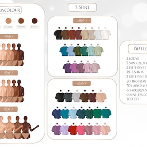 May include: A graphic showing 150 elements for creating custom avatars.  The graphic includes 3 body types, 5 skin colors, 2 t-shirt styles, 39 t-shirts, 3 trouser styles, 20 trousers, 70 hairstyles, 6 backgrounds, and countless combinations.  The graphic is 300 DPI.