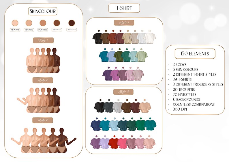 May include: A graphic showing 150 elements for creating custom avatars.  The graphic includes 3 body types, 5 skin colors, 2 t-shirt styles, 39 t-shirts, 3 trouser styles, 20 trousers, 70 hairstyles, 6 backgrounds, and countless combinations.  The graphic is 300 DPI.