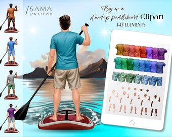 Può includere: Set di clipart digitali con una persona su una tavola da stand-up paddle, con una pagaia. L'immagine include una varietà di magliette, pantaloncini e parti del corpo. Il testo recita "Boy on a standup paddleboard Clipart 143 Elements."