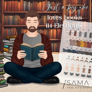 Apenas um garoto que adora clipart de livros, clipart de menino lendo, verme de livros, amante de livros, clipart personalizado Reading Man, arte personalizada