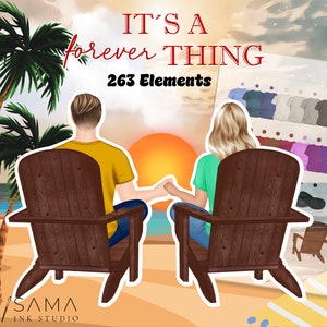 Paar clipart | Digitale clipart paar op strand zonsondergang | Romantische illustraties | DIY-projecten | Huwelijksverjaardag