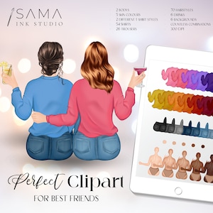 Digitale Clipart Freundinnen mit Getränken | Lässige Outfits | DIY-Projekte | Freundschaft Clipart | Hochauflösende PNG Datei