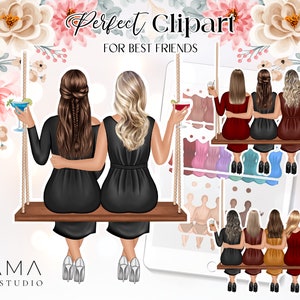 Clipart de melhor amigo personalizado⎪Imagem de namoradas ⎪Arquivo digital de menina ⎪Presente de namorada ⎪Swing Clip art ⎪Família aquarela