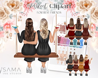 Personalized Best Friend Clipart⎪Girlfriends Picture ⎪Girl Digital File ⎪Girlfriend Gift ⎪Swing Clip art ⎪Watercolor Family