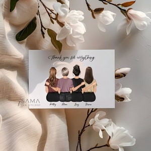 May include: A card with an illustration of four women standing together with their arms around each other. The text "Thank you for everything" is at the top of the card. The names Kathy, Mom, Lucy, and Diana are written below the women.